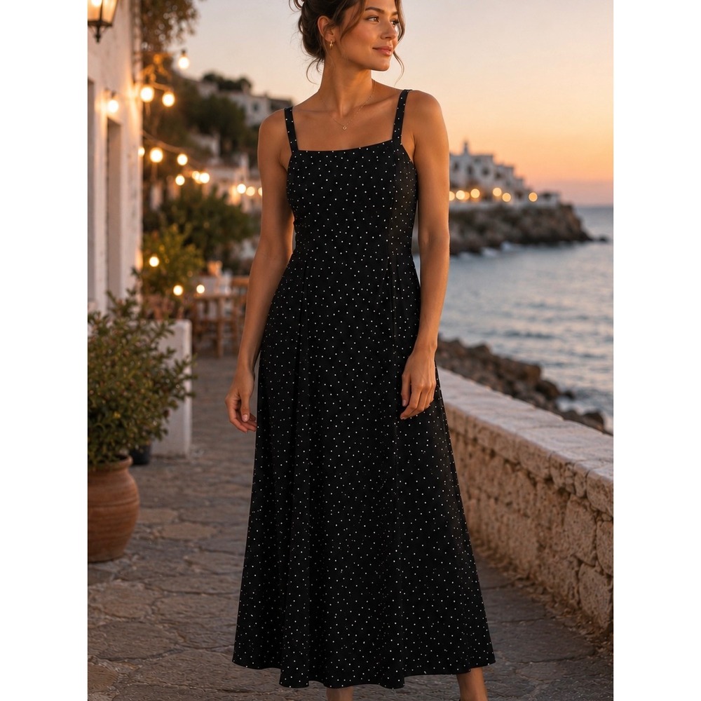 Gap Black Polka Dot Midi Dress Size S Smocked Back Adjustable Straps Sun Dress